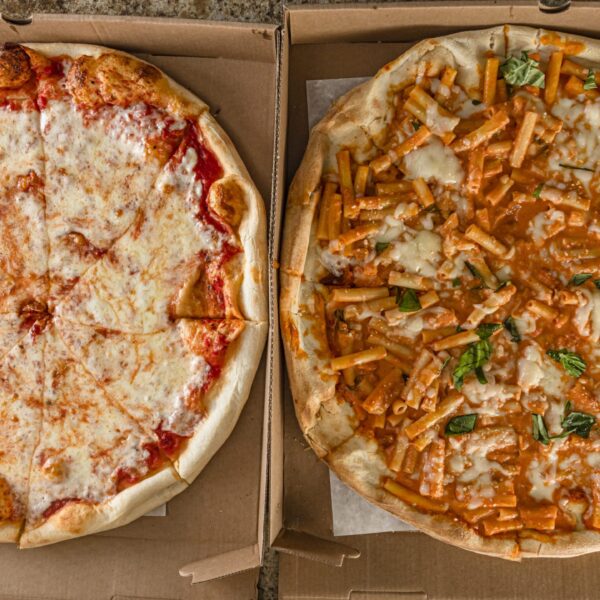 Pasta pizza and cheese pizza