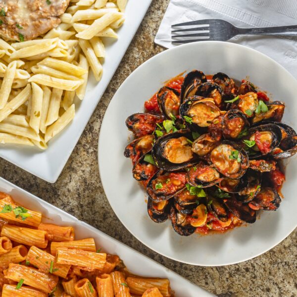 Mussels and pasta and chicken